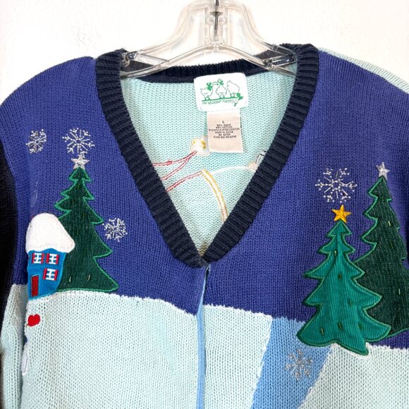 Vintage Quacker Factory Christmas Holiday Sweater Blue Embroidered Patches Large - Picture 6 of 13